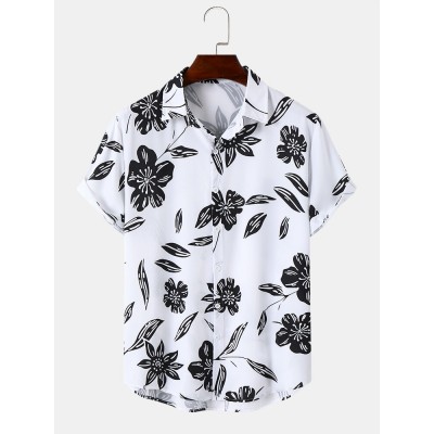 Mens Monochrome Floral Print Button Up Short Sleeve Shirts