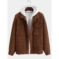 Men Corduroy Vintage Solid Color Button Collar Pockets Casual Jackets