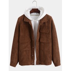 Men Corduroy Vintage Solid Color Button Collar Pockets Casual Jackets