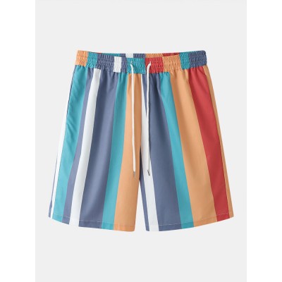 Men Colorful Striped Holiday Loose Drawstring Shorts With Pocket
