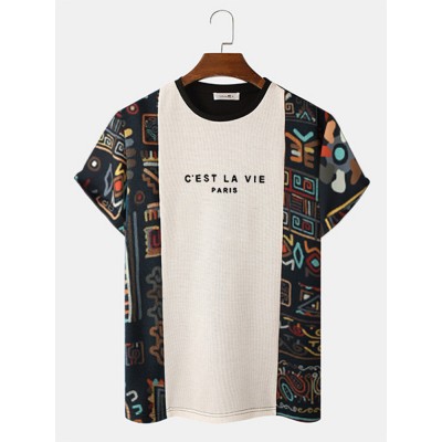 Mens Ethnic Tribal Pattern Letter Embroidered Knit Short Sleeve T  Shirts