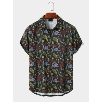 Mens Leaf Print Button Up Short Sleeve Shirts