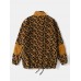 Men Leopard Fleece Patch Pocket Stand Collar Drawstring Hem Jackets